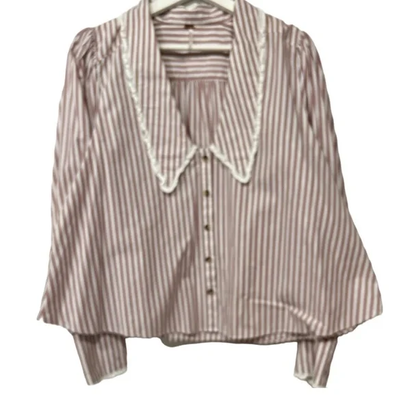 Free People Bexley Cotton Striped Blouse Button Up Puffed Sleeve Lace NEW M - Picture 10 of 15